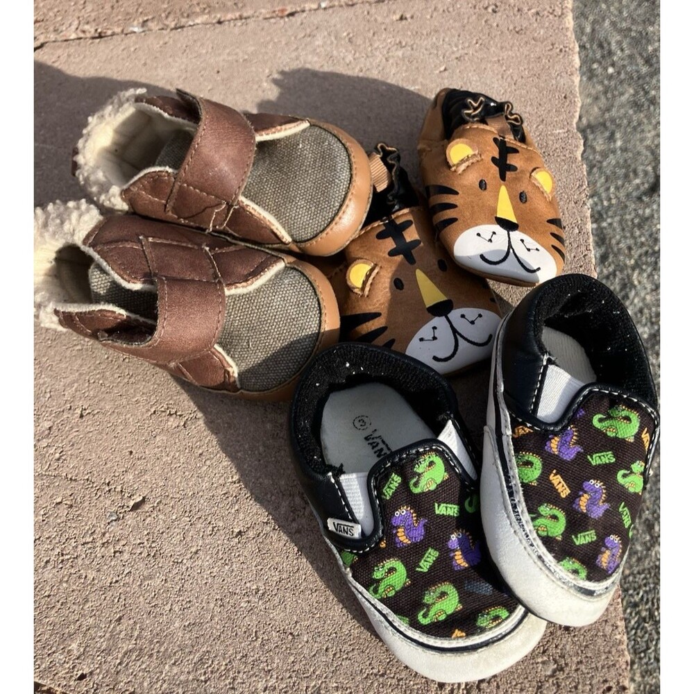 3 Pair Toddler Baby Shoes Lot Vans Size 3 Tiger Size 2 Brown 4.5”